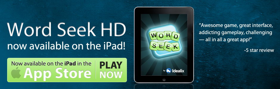A banner saying that Word Seek is available in the iOS store and shows the Word Seek home screen